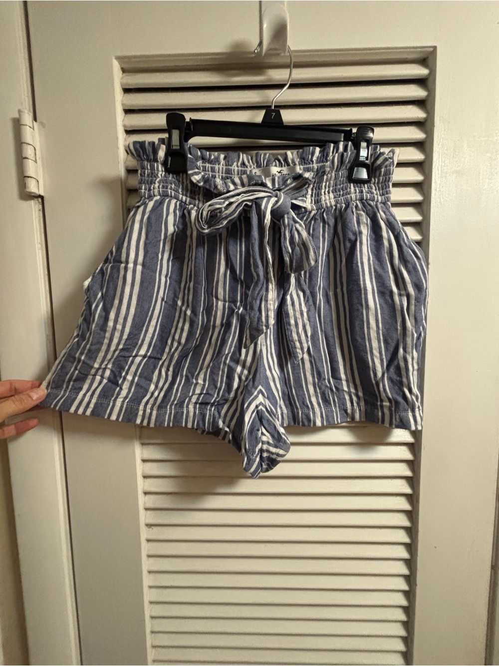 Hollister Navy and White Striped High-Waist Tie-Front Shorts